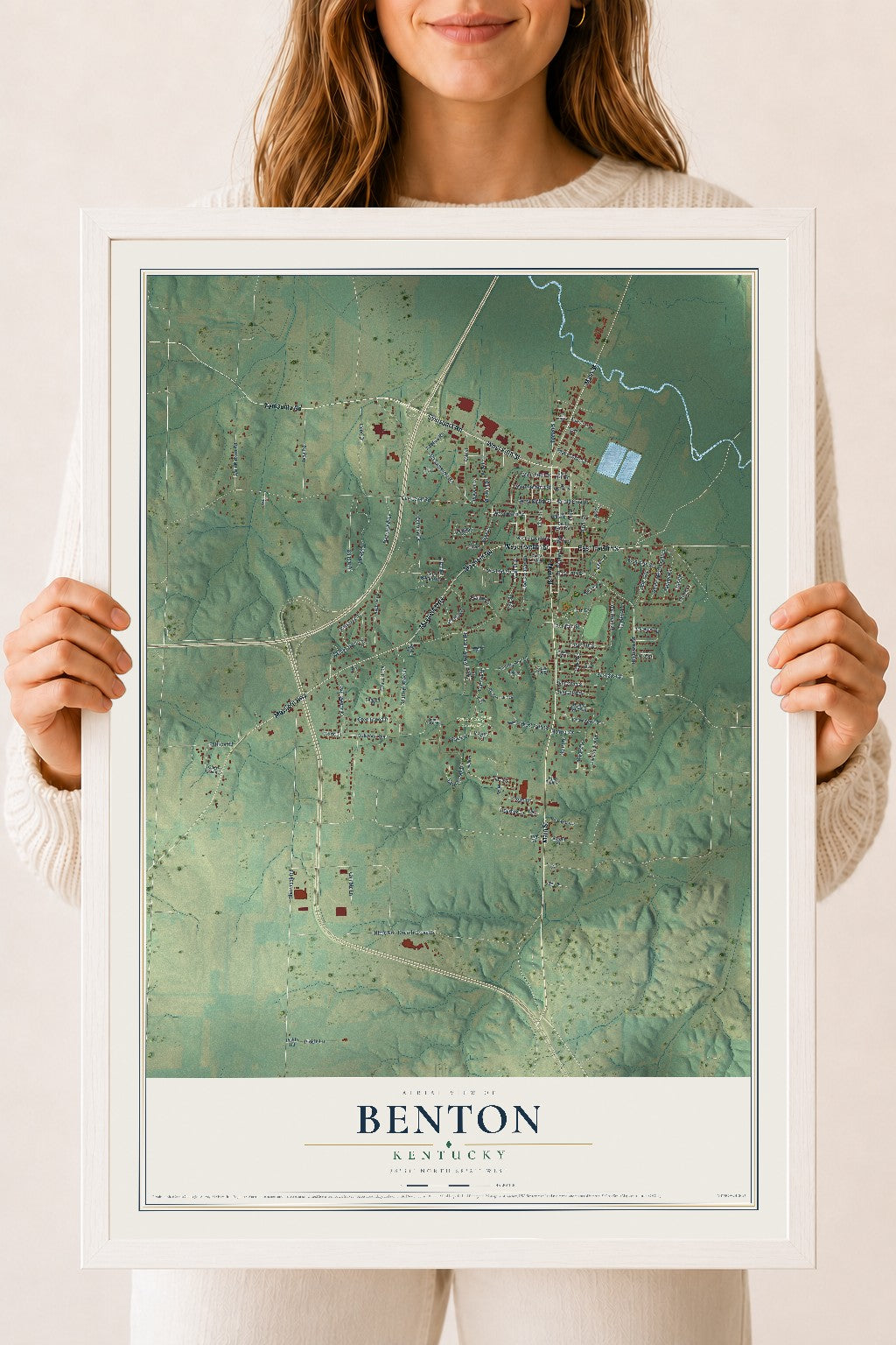 Map of Benton, Kentucky, 18 x 24 inch print in a white wood frame