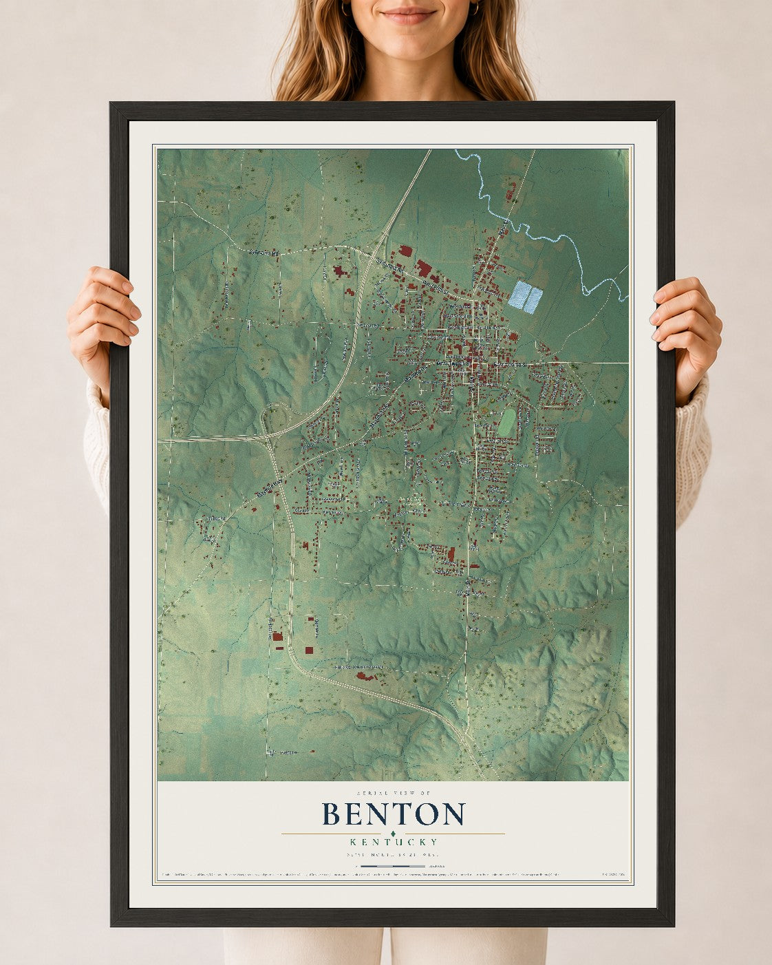 Map of Benton, Kentucky, 24 x 36 inch print in a black wood frame