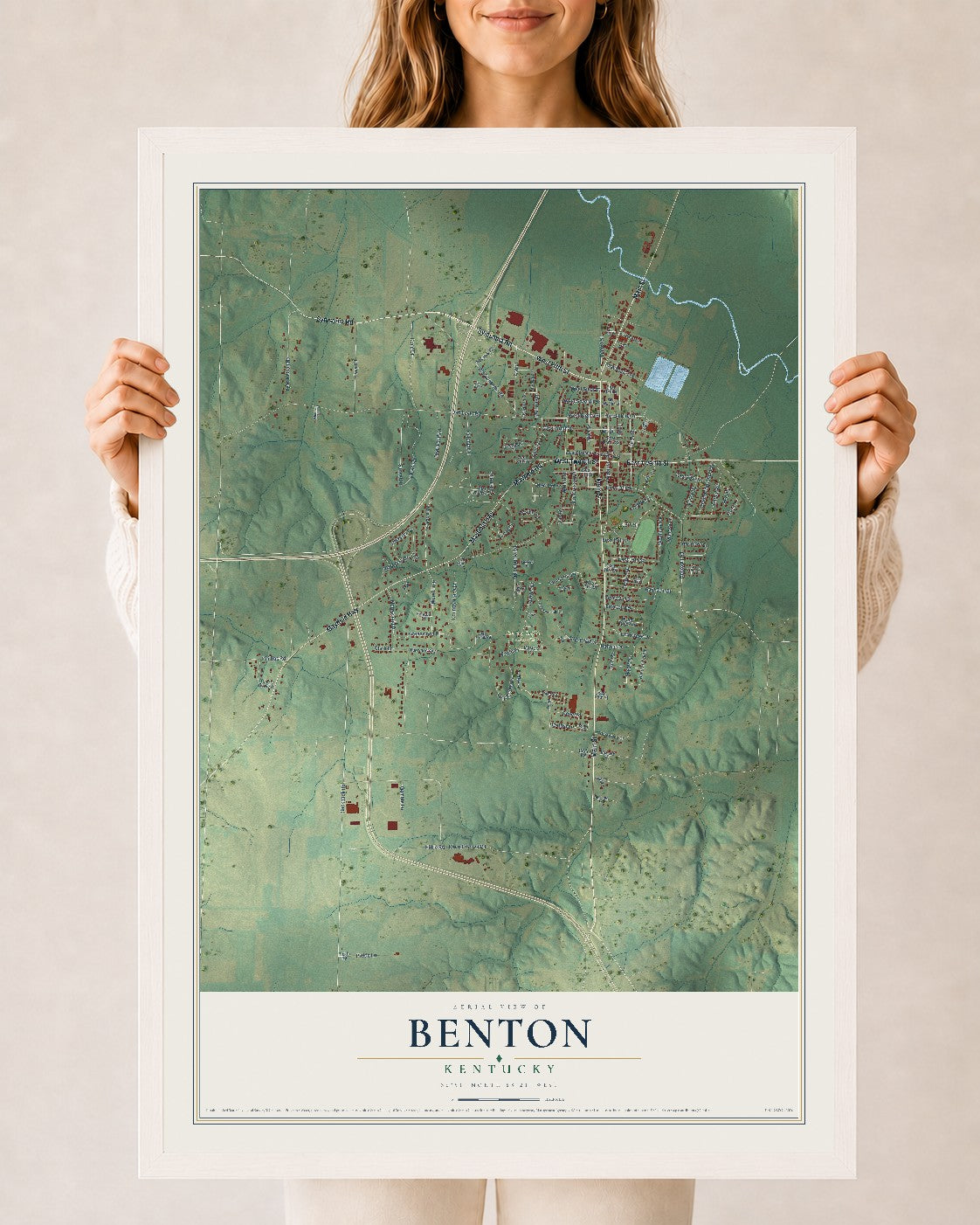 Map of Benton, Kentucky, 24 x 36 inch print in a white wood frame