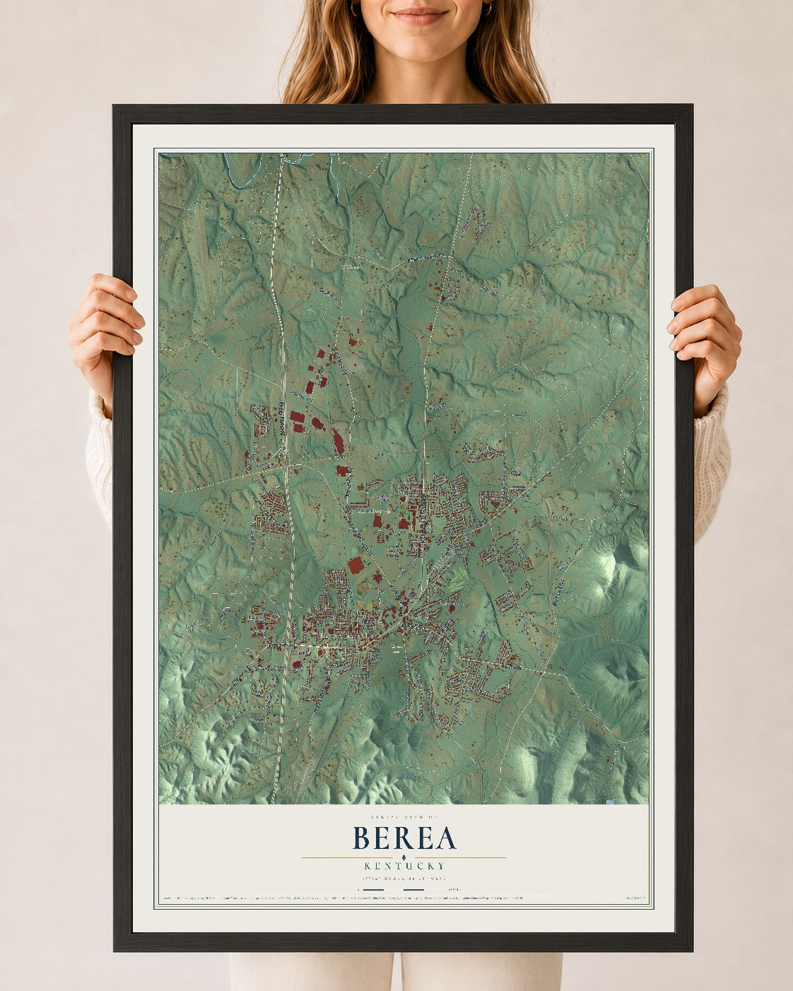 Map of Berea, Kentucky, 24 x 36 inch print in a black wood frame