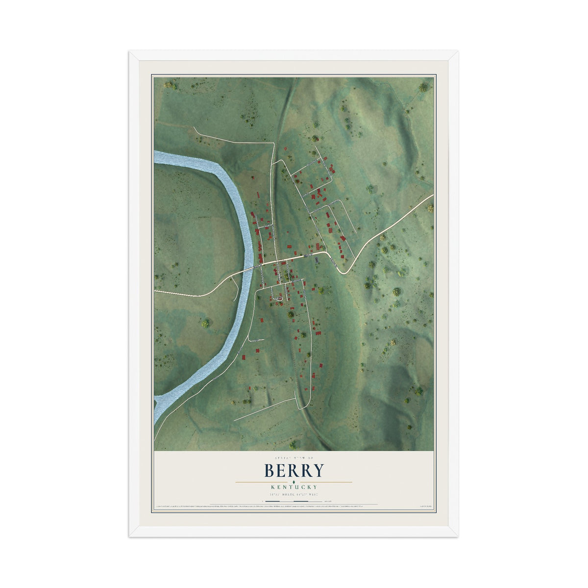 Map of Berry, Kentucky, 12 x 18 inch print in a white wood frame
