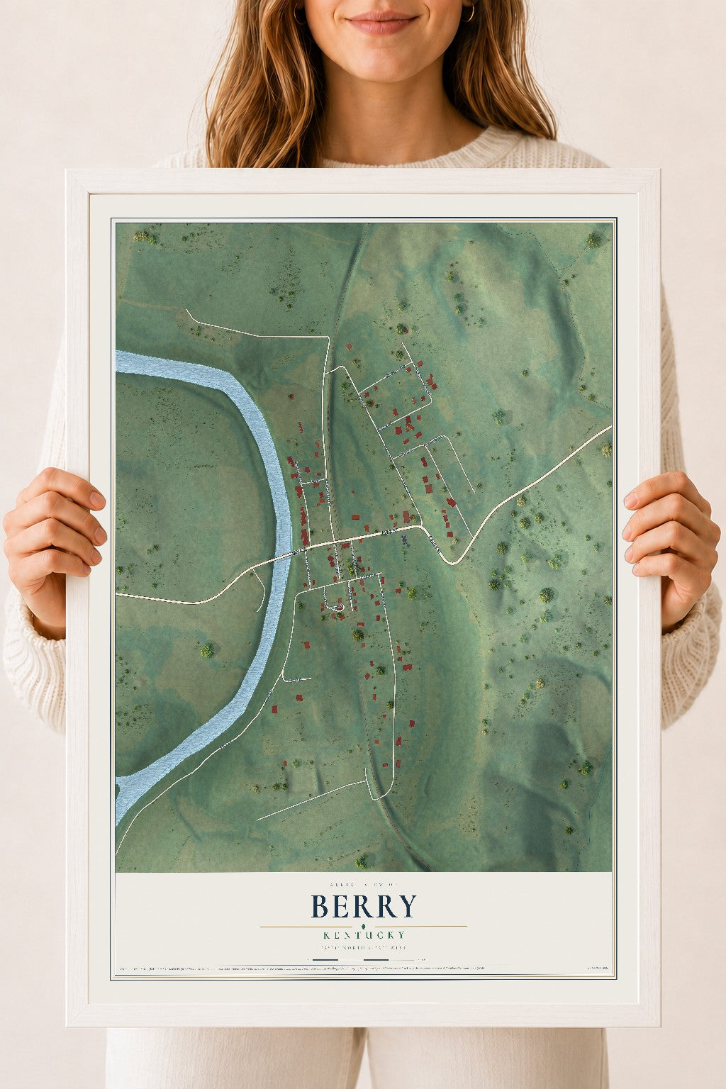 Map of Berry, Kentucky, 18 x 24 inch print in a white wood frame
