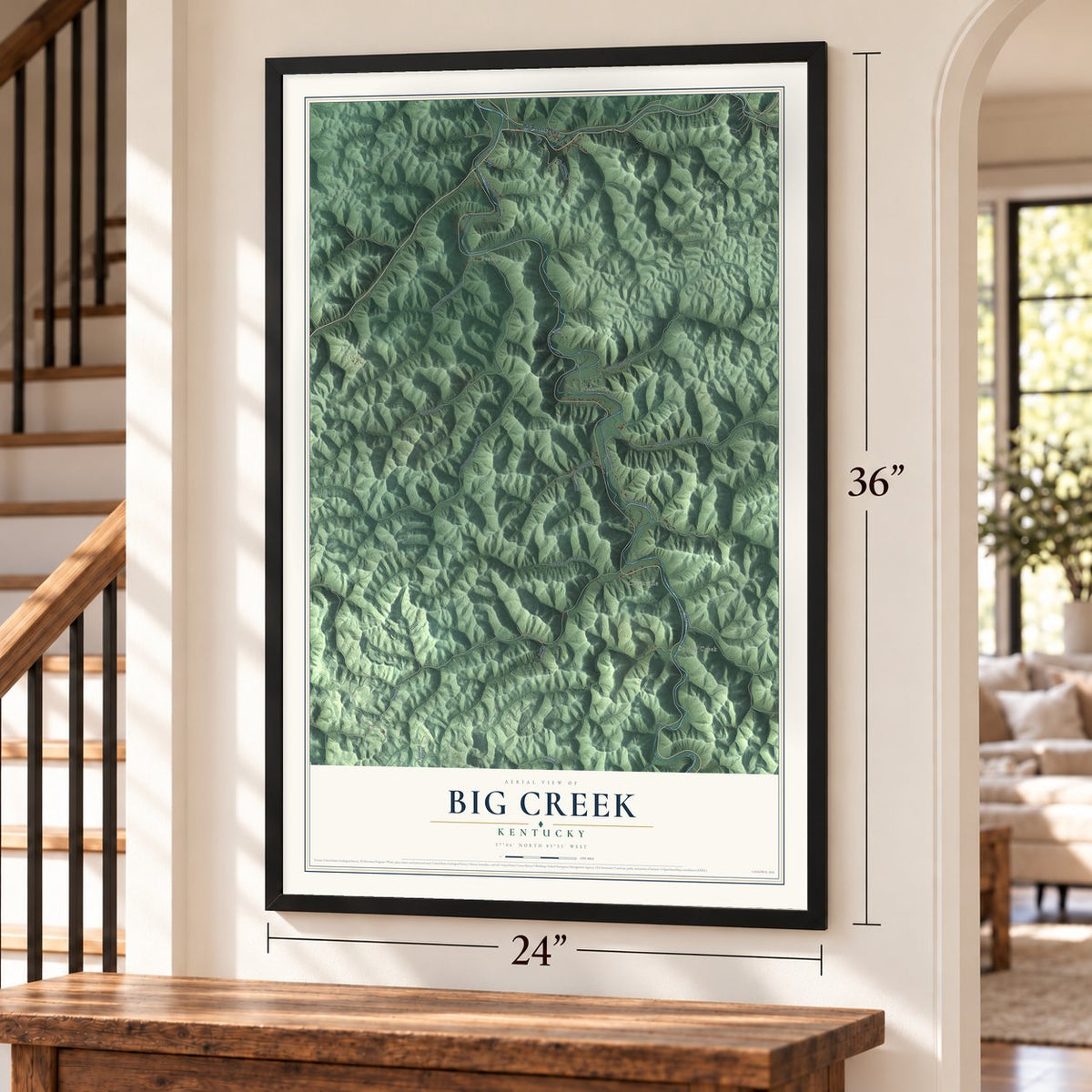 Big Creek, Kentucky map, 24 x 36 inch print in a black frame by a staircase