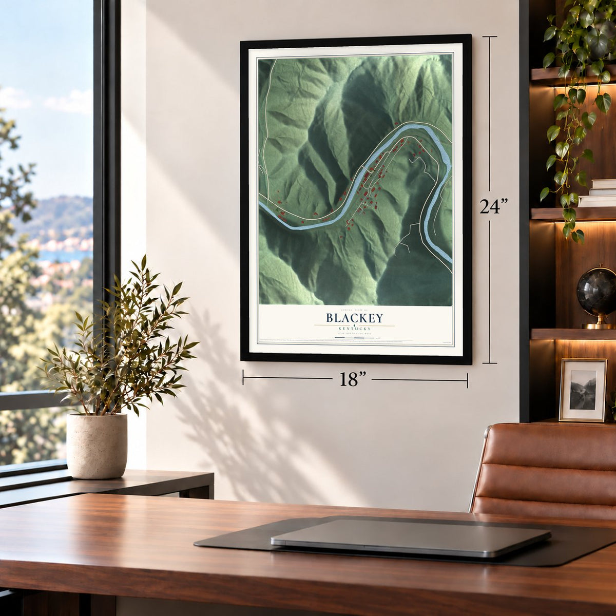 Blackey, Kentucky map, 18 x 24 inch print in a black frame in a home office