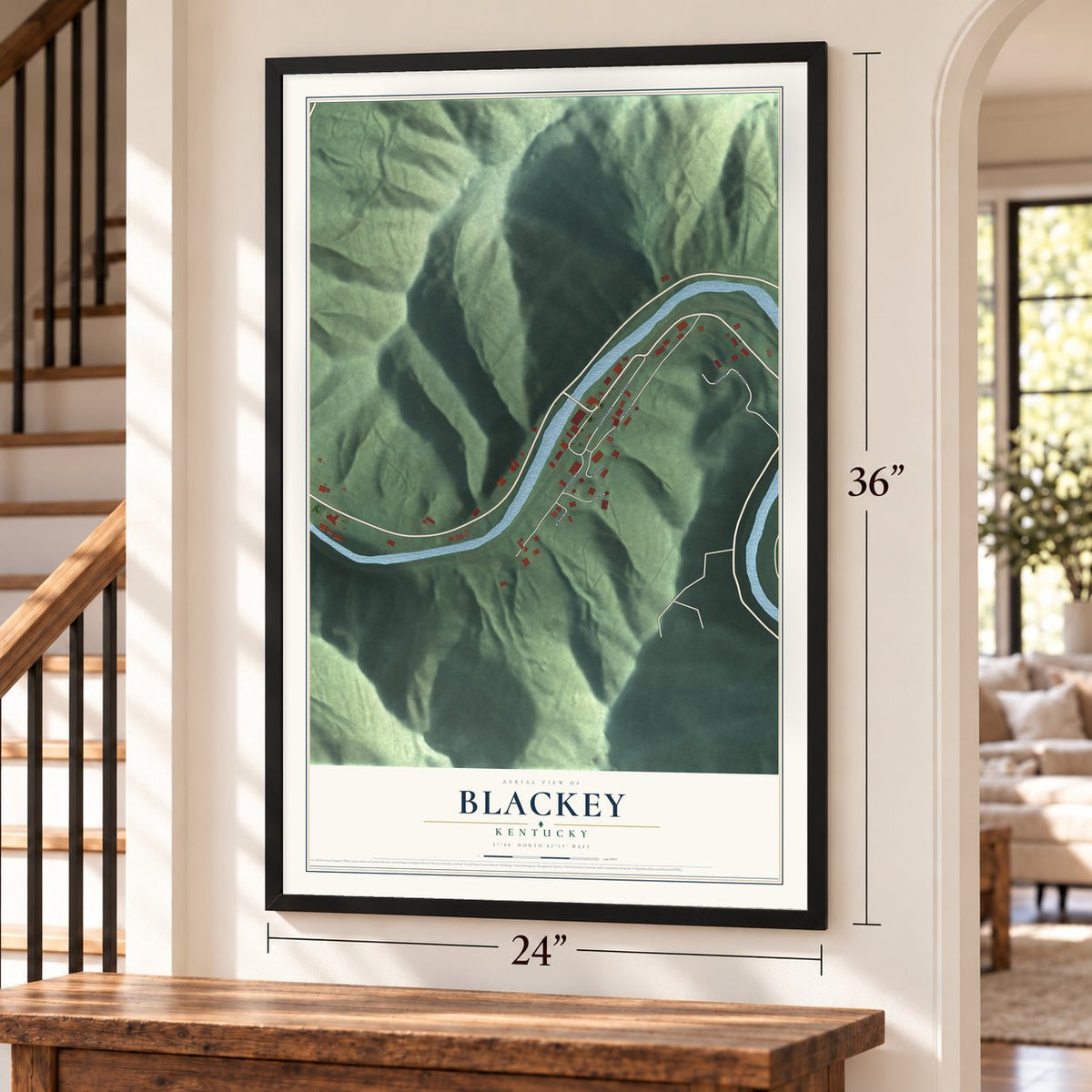 Blackey, Kentucky map, 24 x 36 inch print in a black frame by a staircase