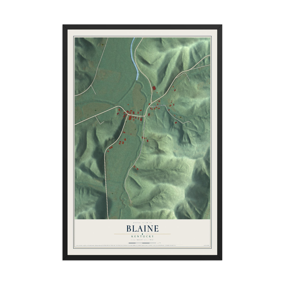 Map of Blaine, Kentucky, 12 x 18 inch print in a black wood frame