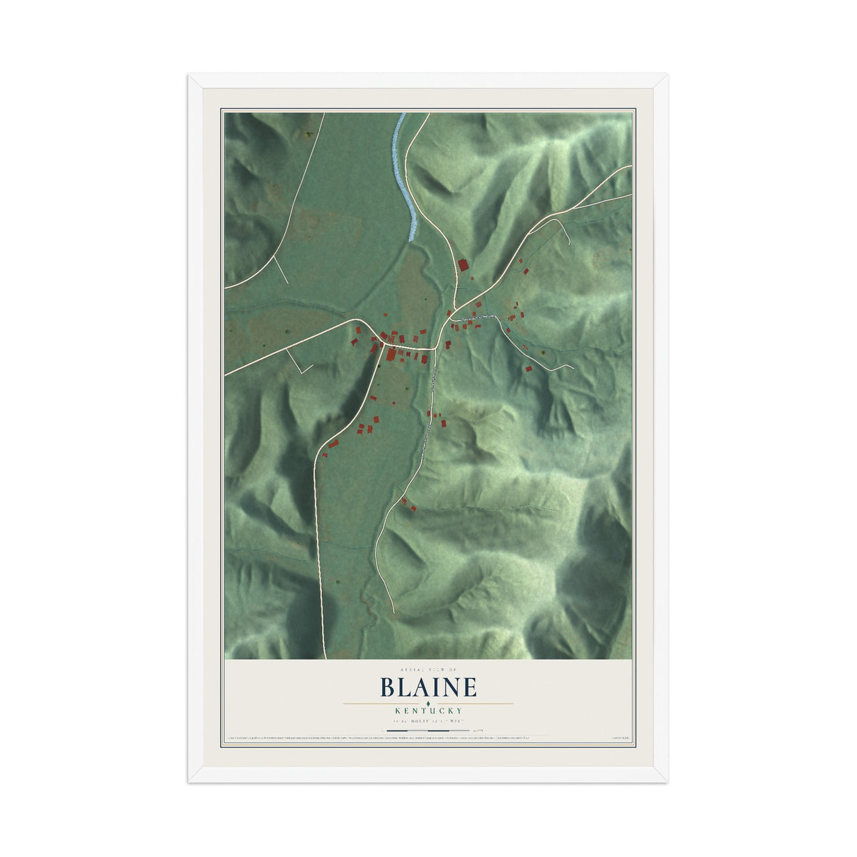 Map of Blaine, Kentucky, 12 x 18 inch print in a white wood frame