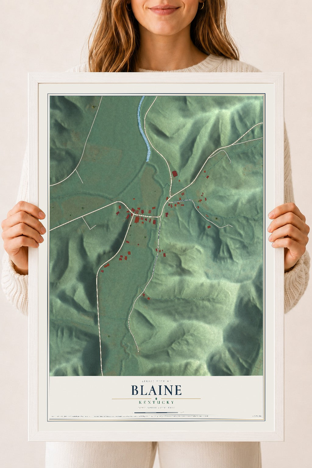 Map of Blaine, Kentucky, 18 x 24 inch print in a white wood frame