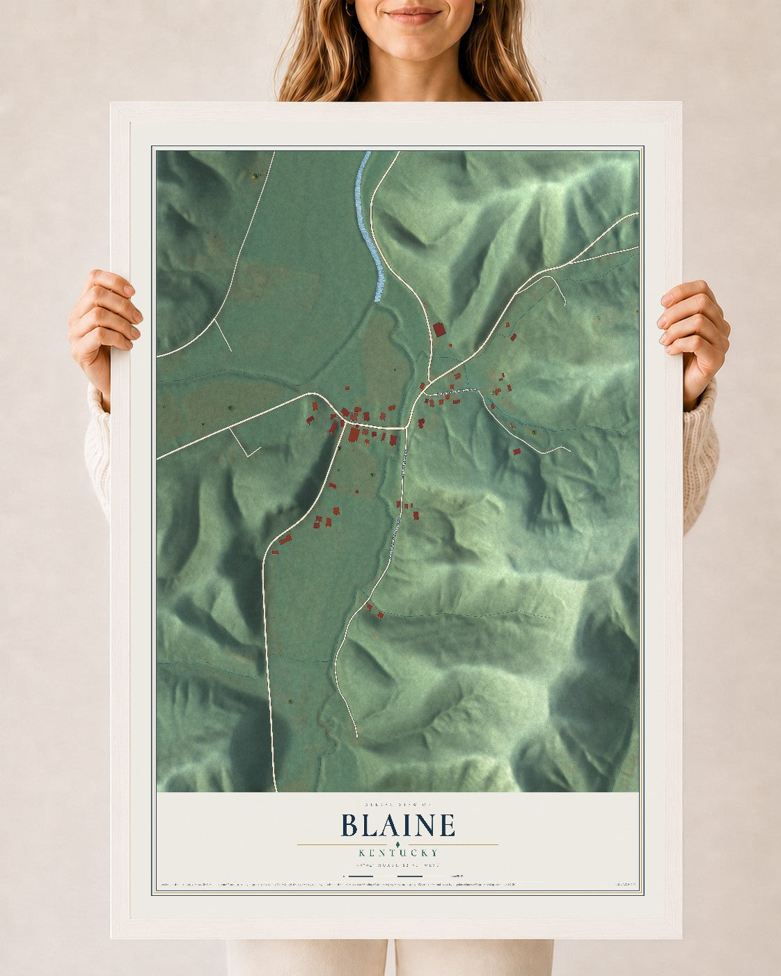 Map of Blaine, Kentucky, 24 x 36 inch print in a white wood frame