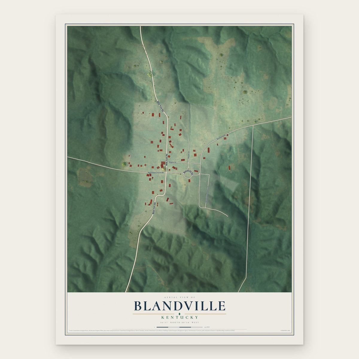 Blandville, Kentucky map print, the full design