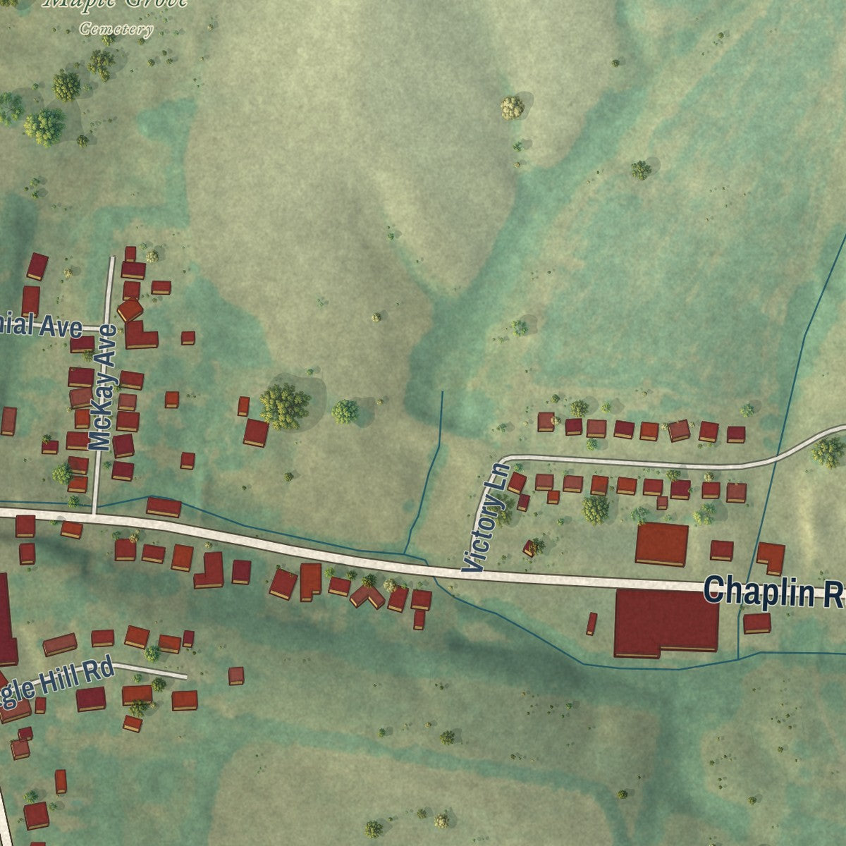 Second close-up of the map of Bloomfield, Kentucky print showing more streets and buildings