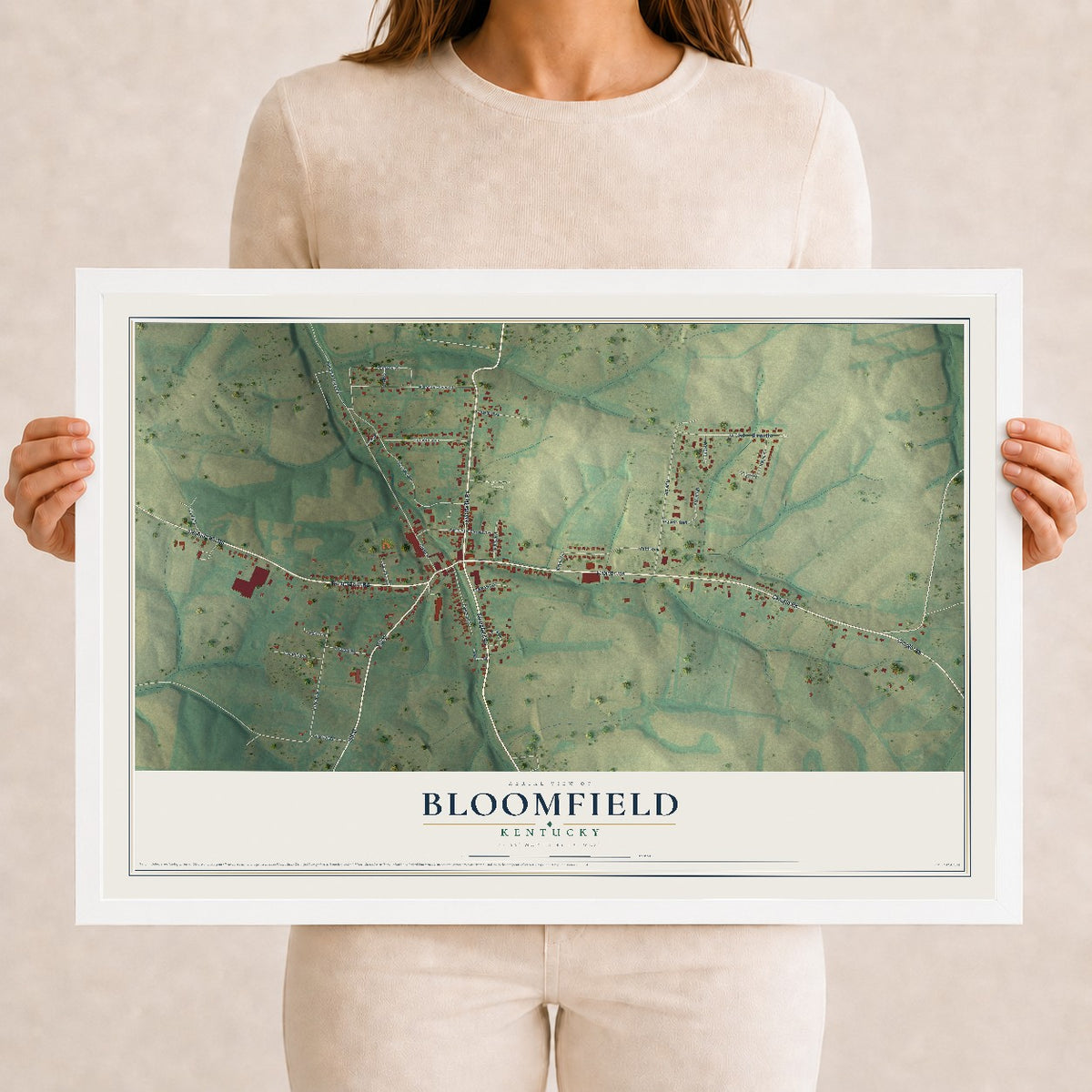 Map of Bloomfield, Kentucky, 12 x 18 inch print in a white wood frame