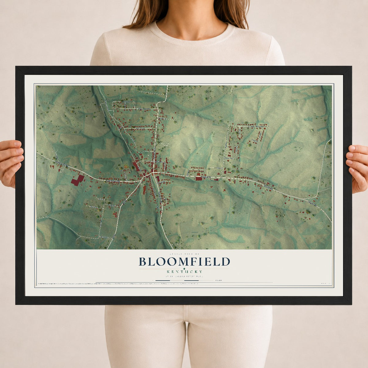 Map of Bloomfield, Kentucky, 18 x 24 inch print in a black wood frame