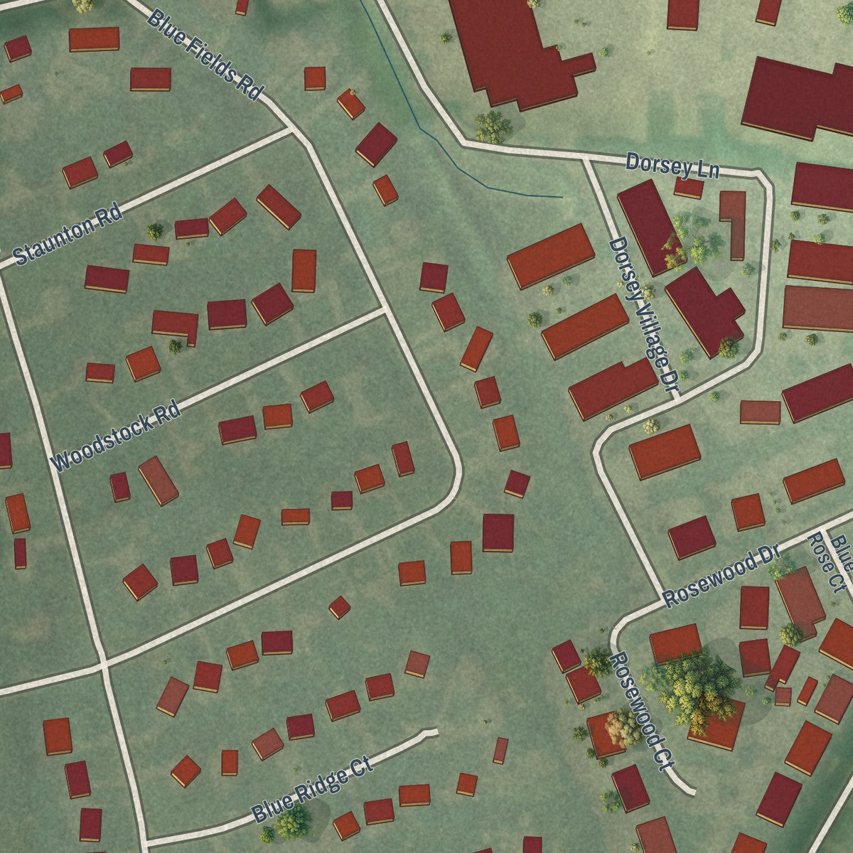 Close-up of the map of Blue Ridge Manor, Kentucky print showing street and building detail