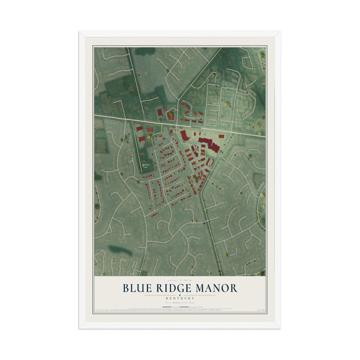 Map of Blue Ridge Manor, Kentucky, 12 x 18 inch print in a white wood frame