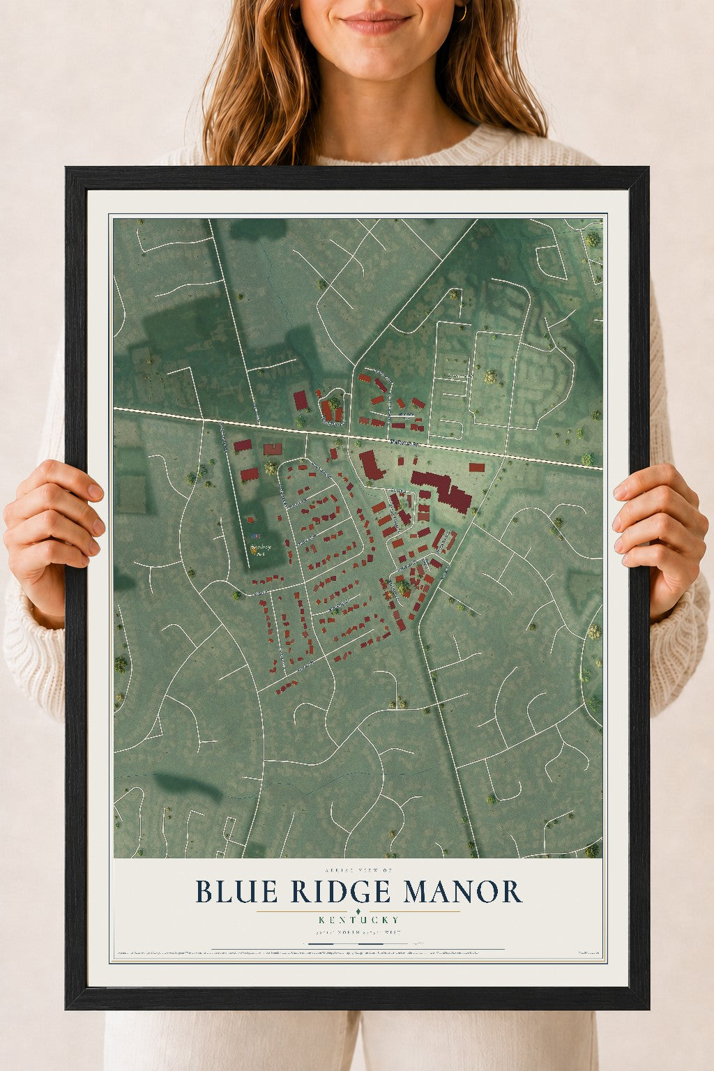 Map of Blue Ridge Manor, Kentucky, 18 x 24 inch print in a black wood frame