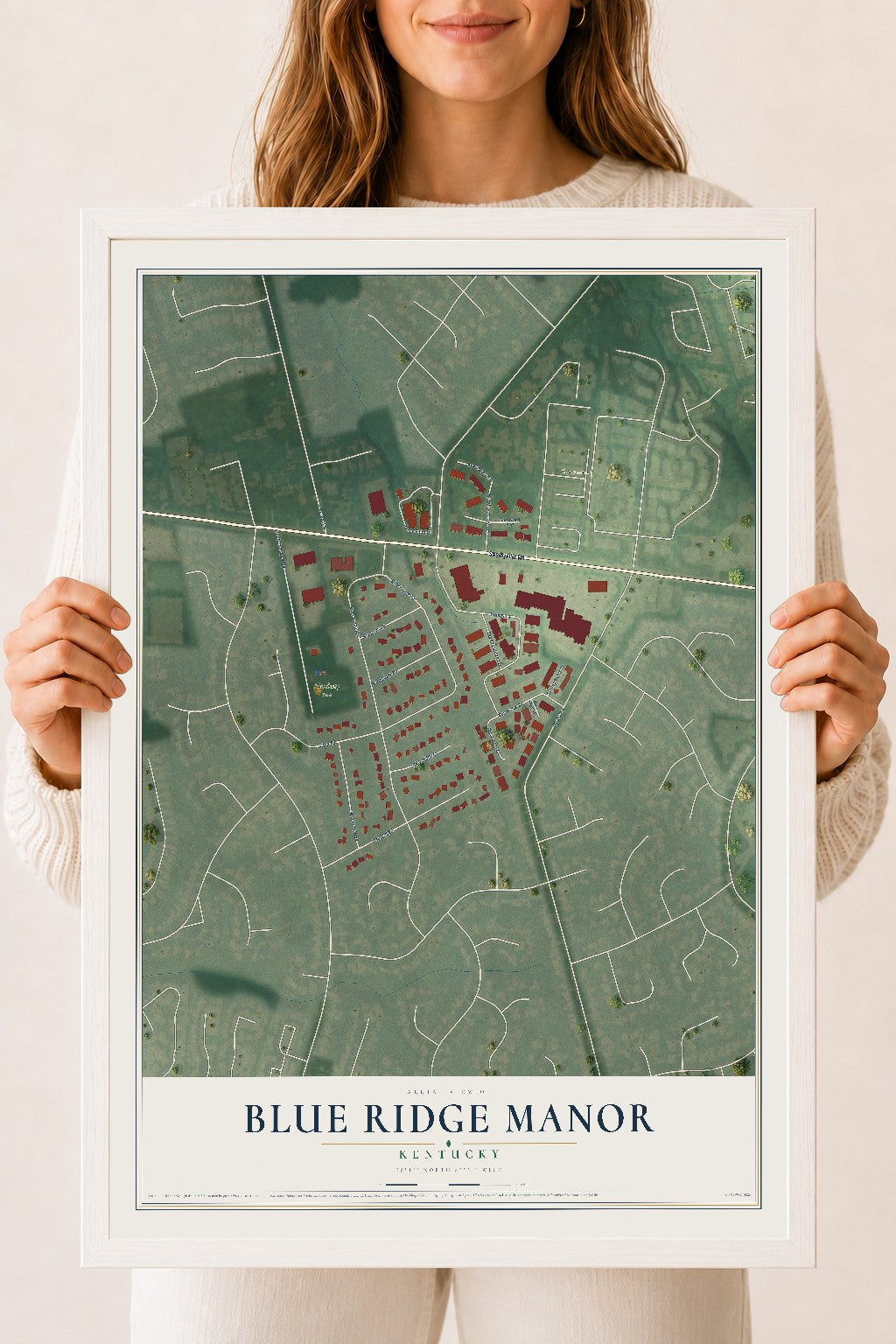 Map of Blue Ridge Manor, Kentucky, 18 x 24 inch print in a white wood frame