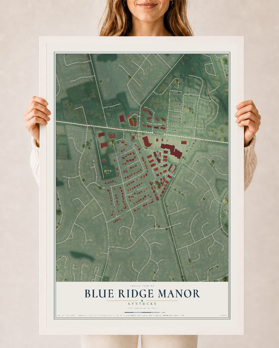 Map of Blue Ridge Manor, Kentucky, 24 x 36 inch print in a white wood frame