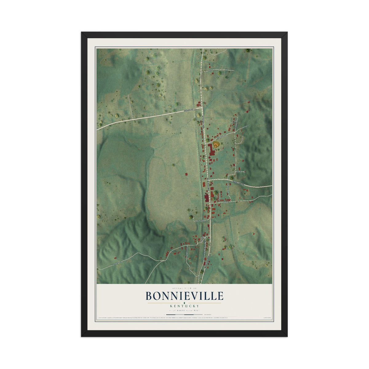 Map of Bonnieville, Kentucky, 12 x 18 inch print in a black wood frame