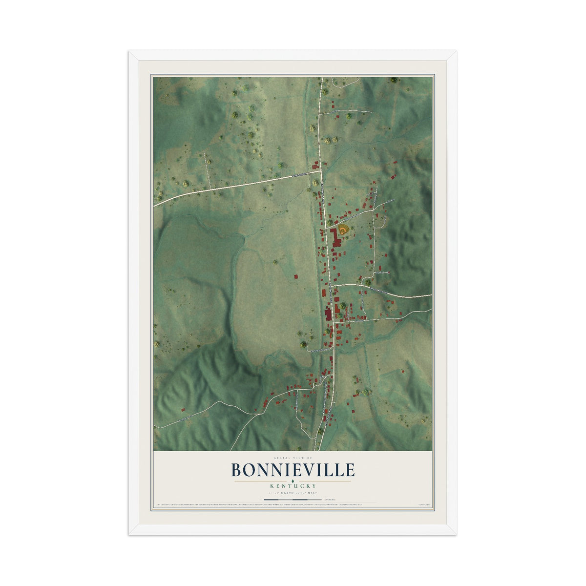 Map of Bonnieville, Kentucky, 12 x 18 inch print in a white wood frame