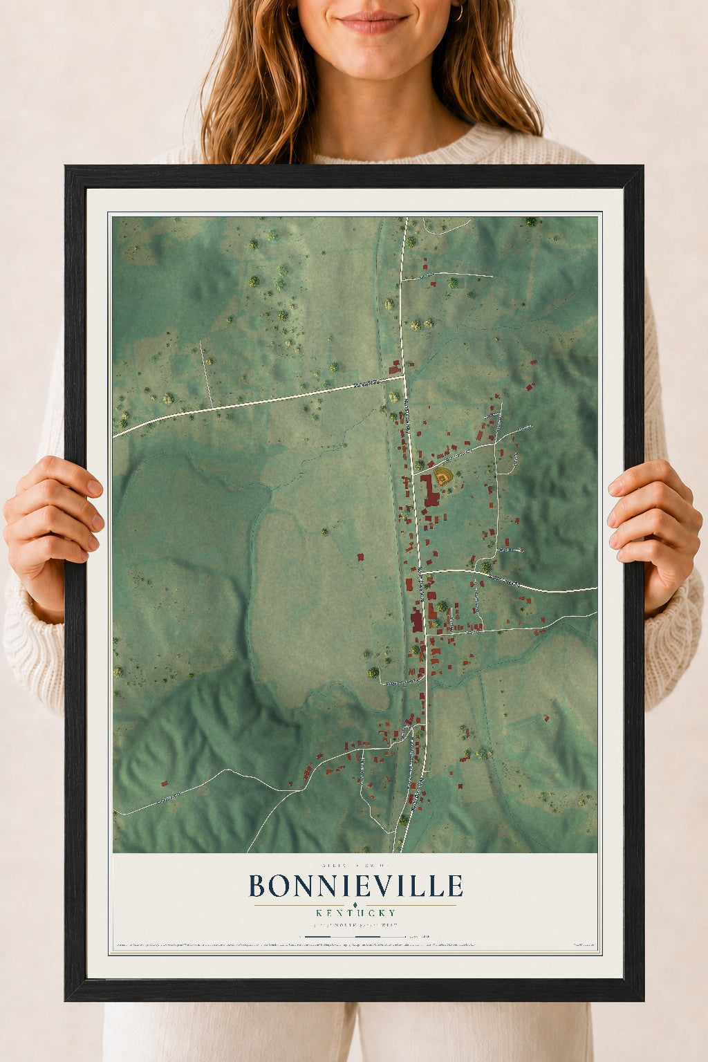 Map of Bonnieville, Kentucky, 18 x 24 inch print in a black wood frame