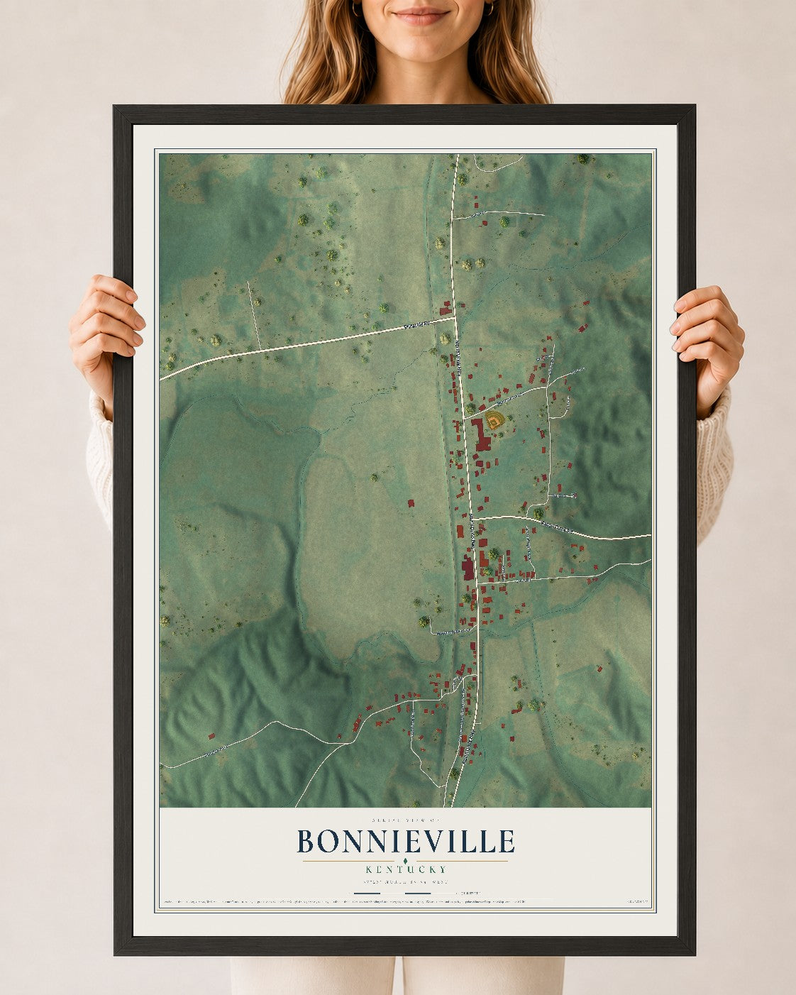 Map of Bonnieville, Kentucky, 24 x 36 inch print in a black wood frame