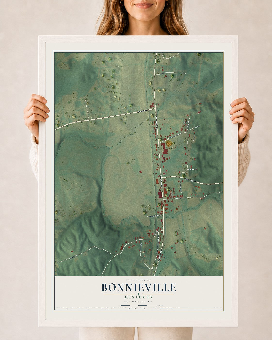 Map of Bonnieville, Kentucky, 24 x 36 inch print in a white wood frame