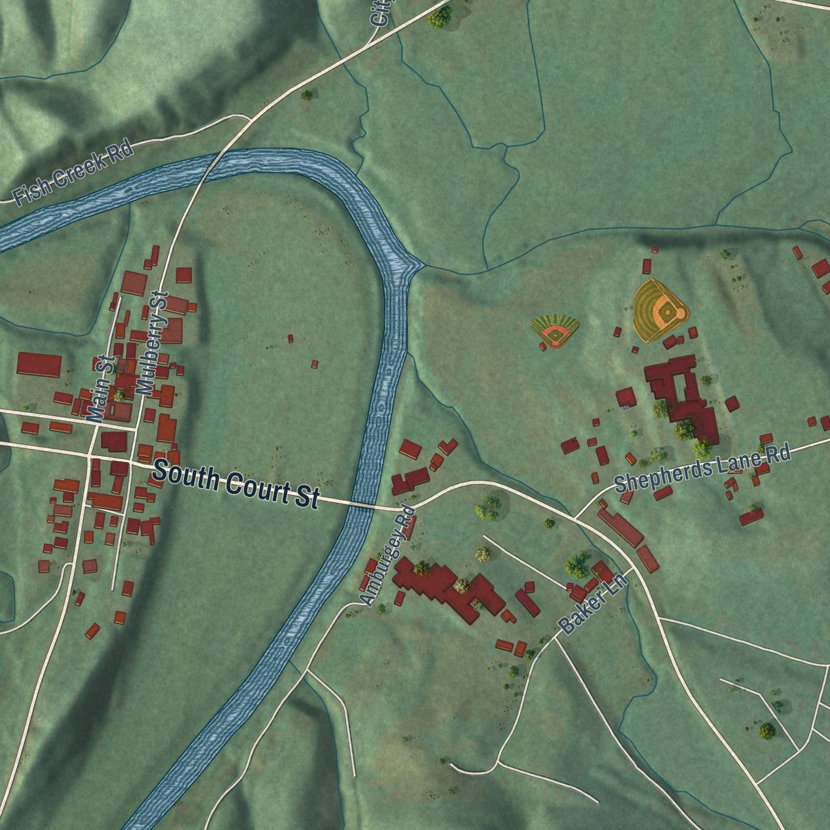 Close-up of the map of Booneville, Kentucky print showing street and building detail