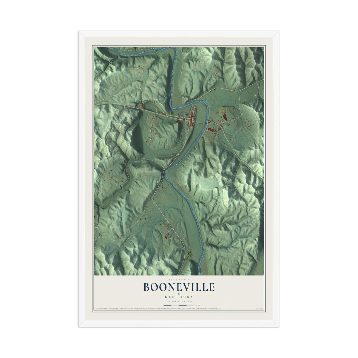 Map of Booneville, Kentucky, 12 x 18 inch print in a white wood frame