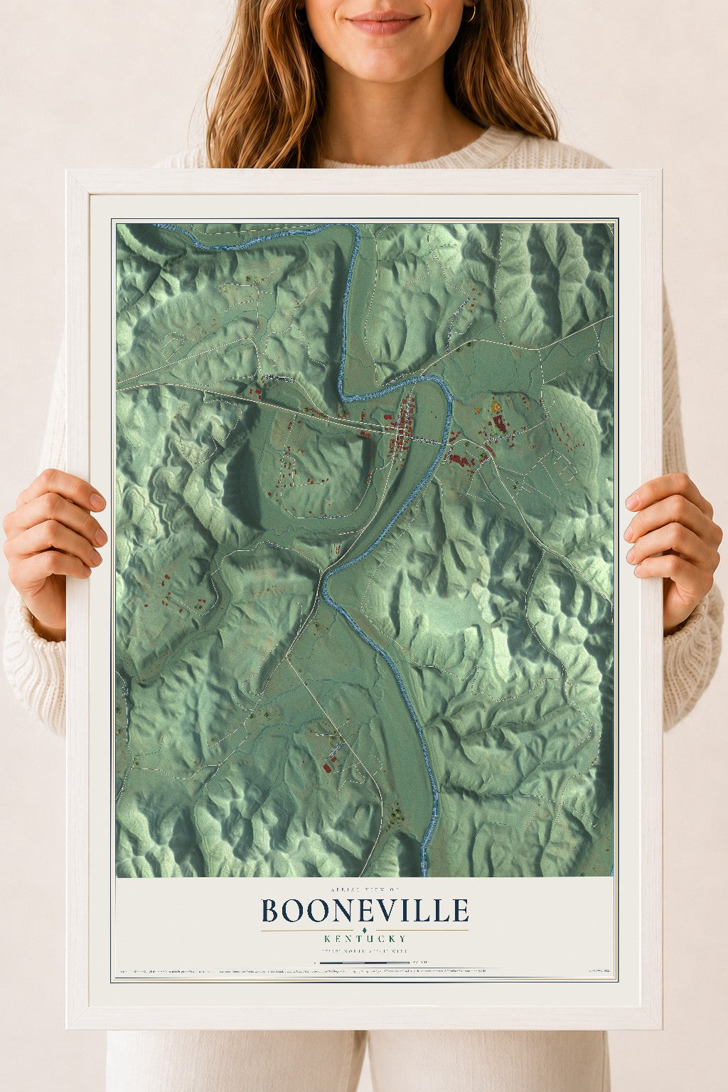 Map of Booneville, Kentucky, 18 x 24 inch print in a white wood frame