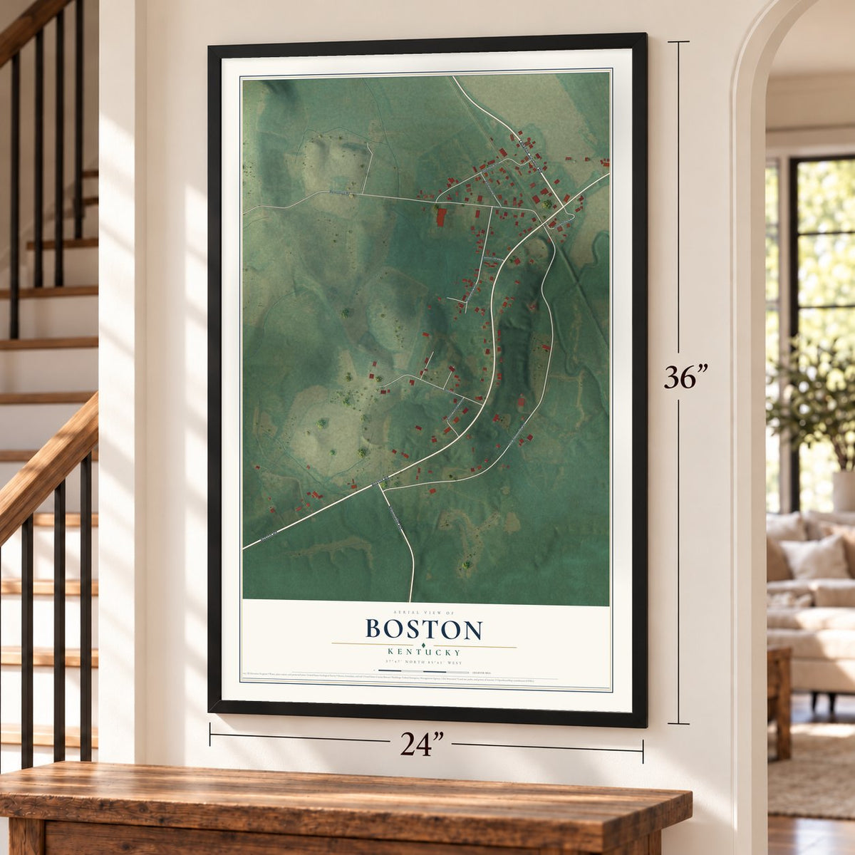 Boston, Kentucky map, 24 x 36 inch print in a black frame by a staircase