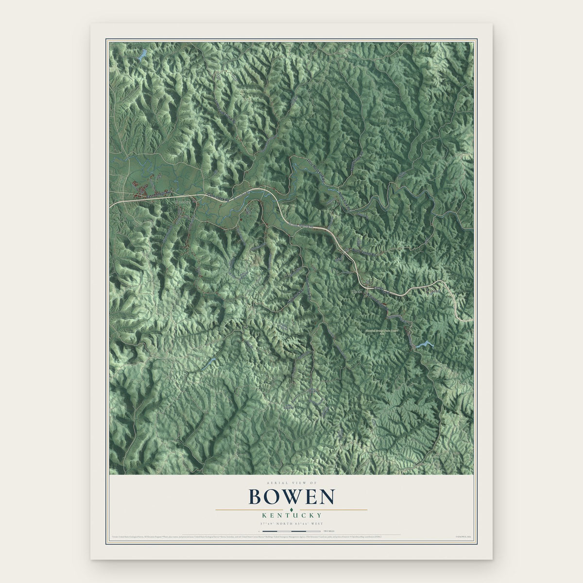 Bowen, Kentucky map print, the full design