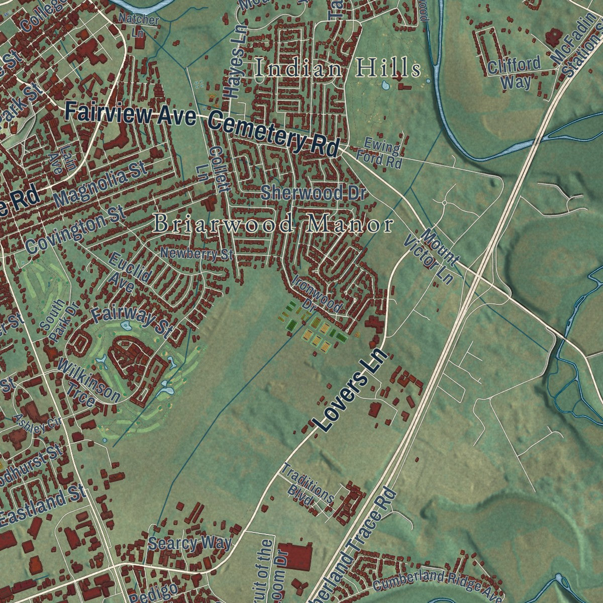 Second close-up of the map of Bowling Green, Kentucky print showing more streets and buildings