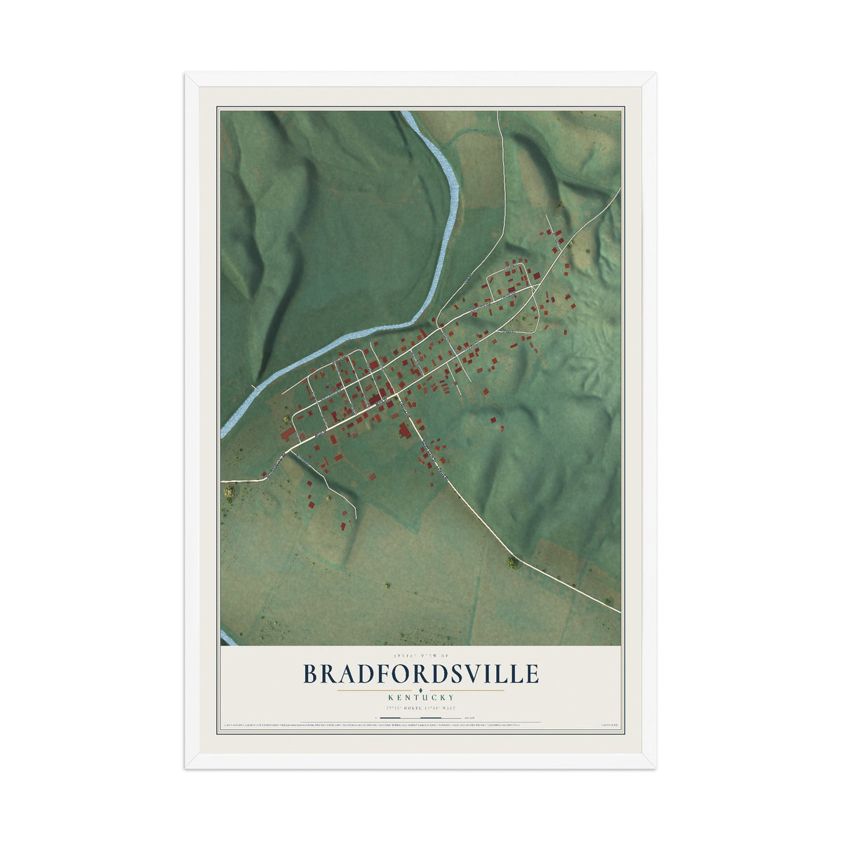 Map of Bradfordsville, Kentucky, 12 x 18 inch print in a white wood frame