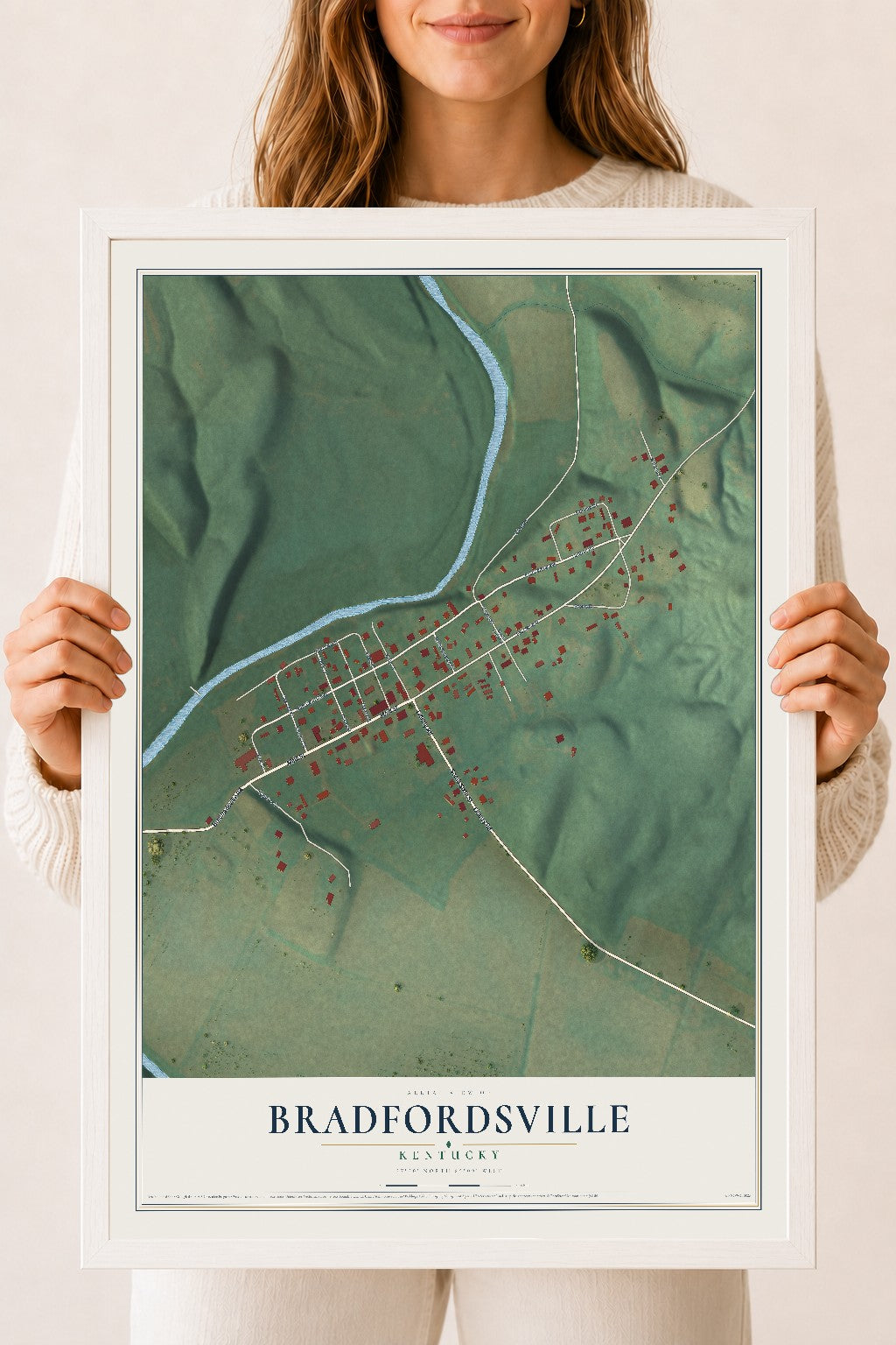 Map of Bradfordsville, Kentucky, 18 x 24 inch print in a white wood frame
