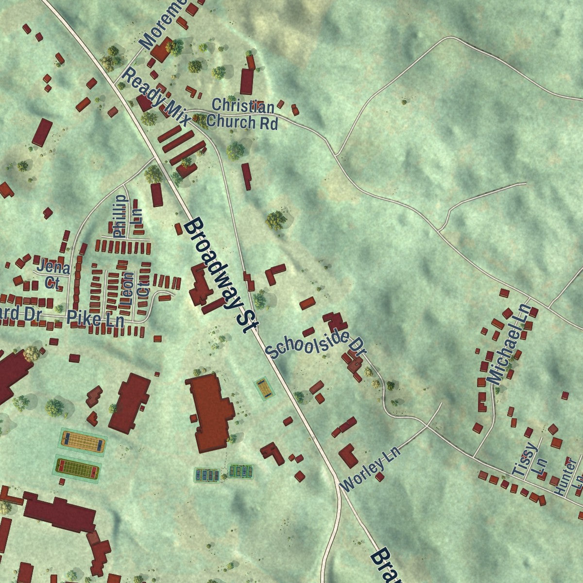 Close-up of the map of Brandenburg, Kentucky print showing street and building detail