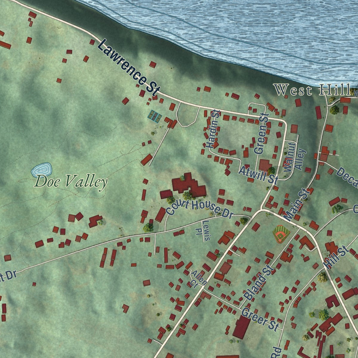 Second close-up of the map of Brandenburg, Kentucky print showing more streets and buildings