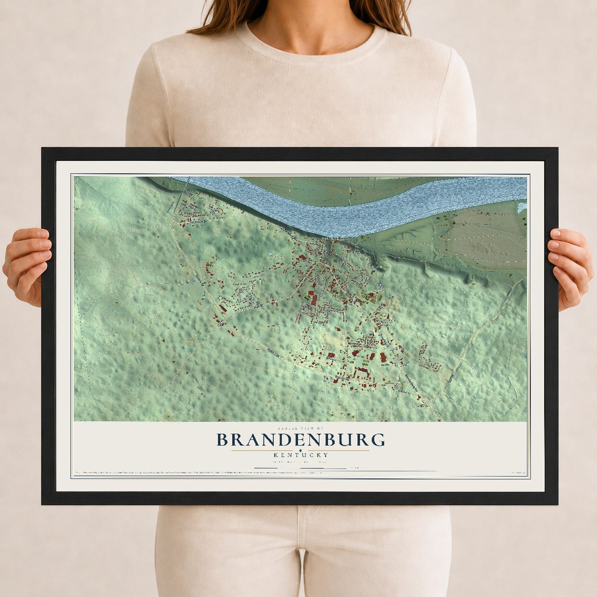 Map of Brandenburg, Kentucky, 12 x 18 inch print in a black wood frame