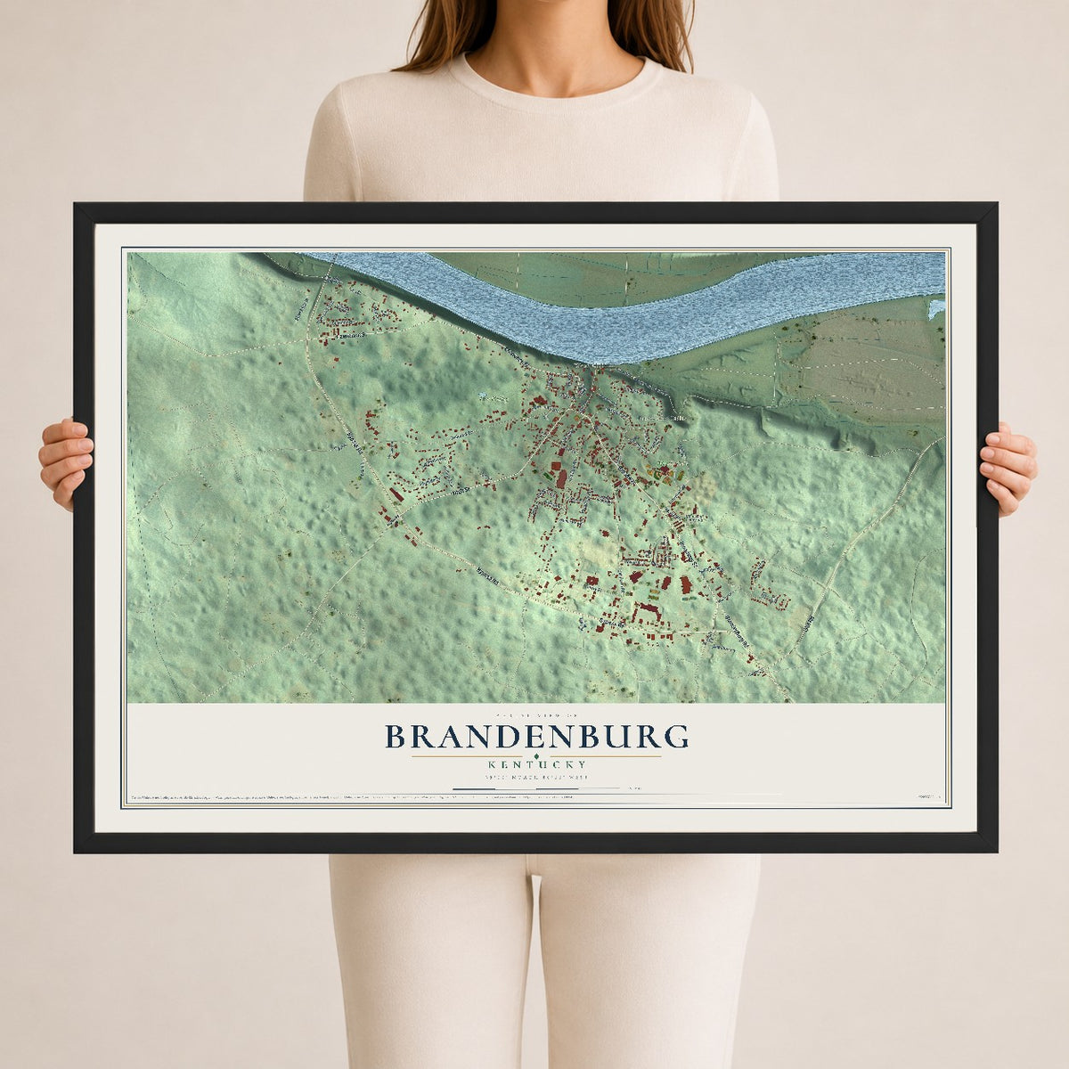Map of Brandenburg, Kentucky, 24 x 36 inch print in a black wood frame