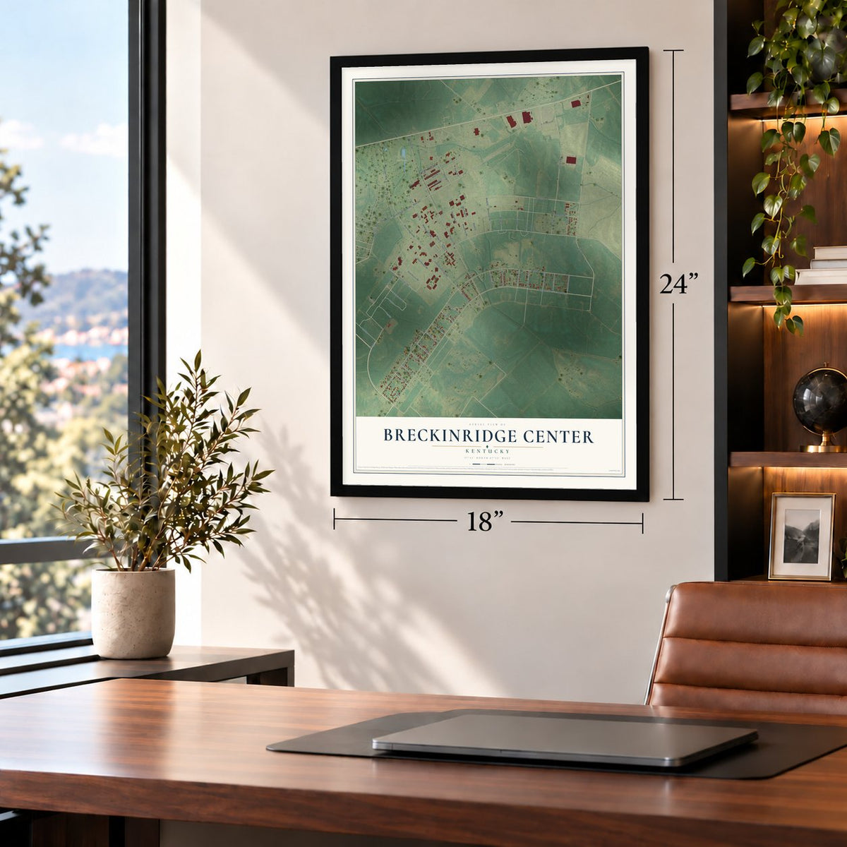 Breckinridge Center, Kentucky map, 18 x 24 inch print in a black frame in a home office