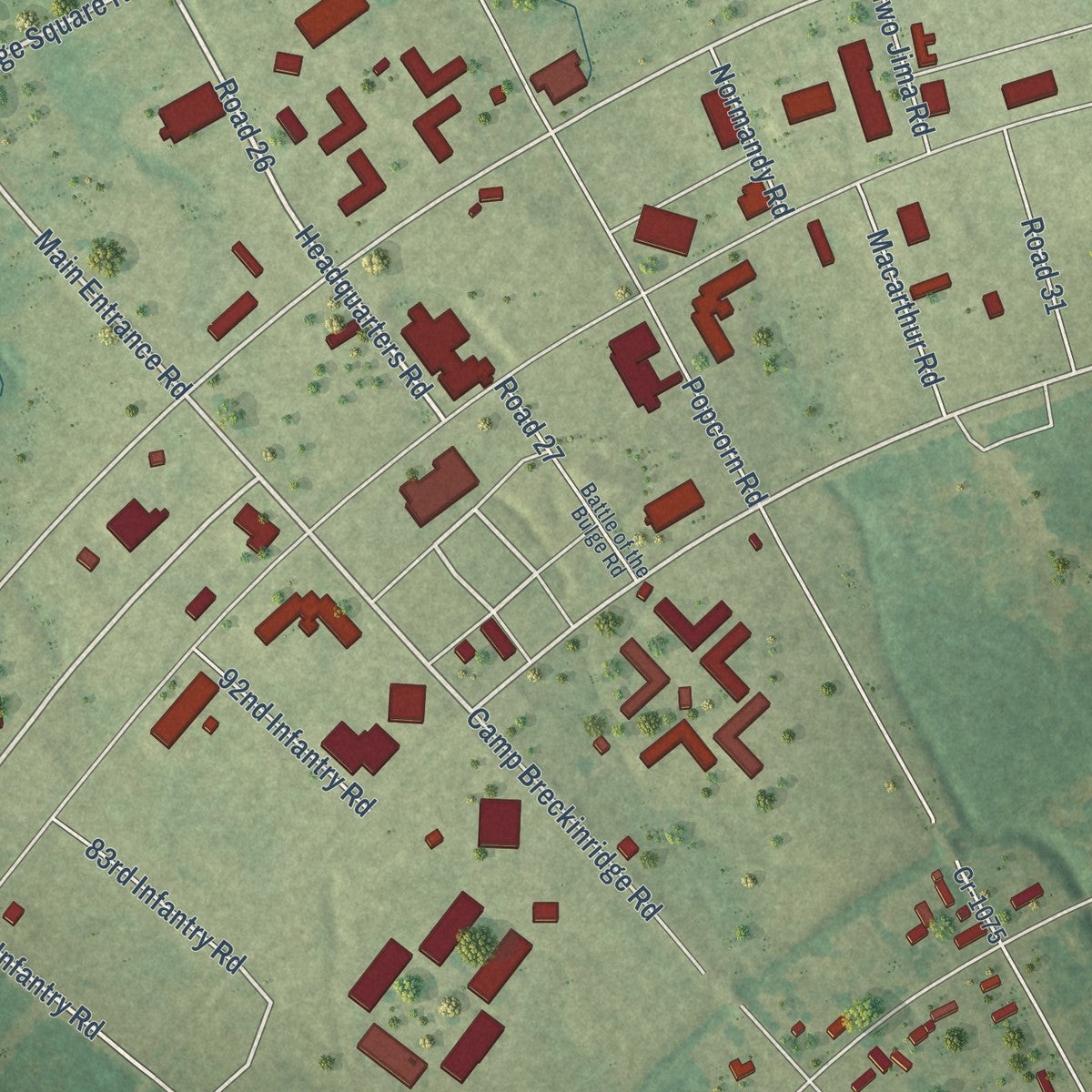 Close-up of the map of Breckinridge Center, Kentucky print showing street and building detail