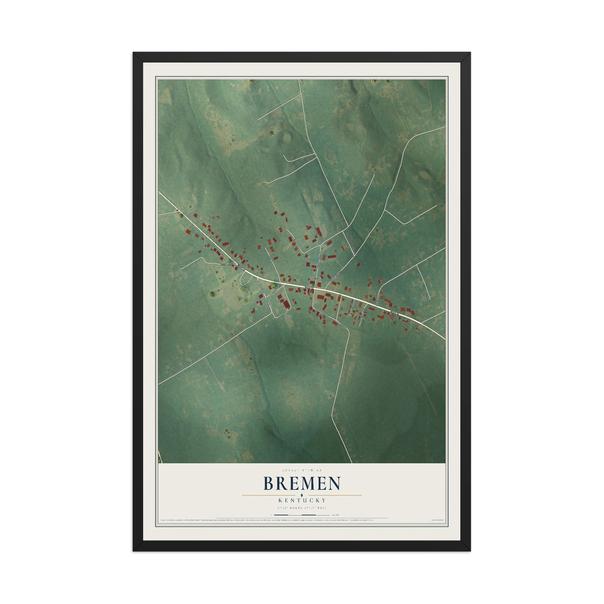 Map of Bremen, Kentucky, 12 x 18 inch print in a black wood frame