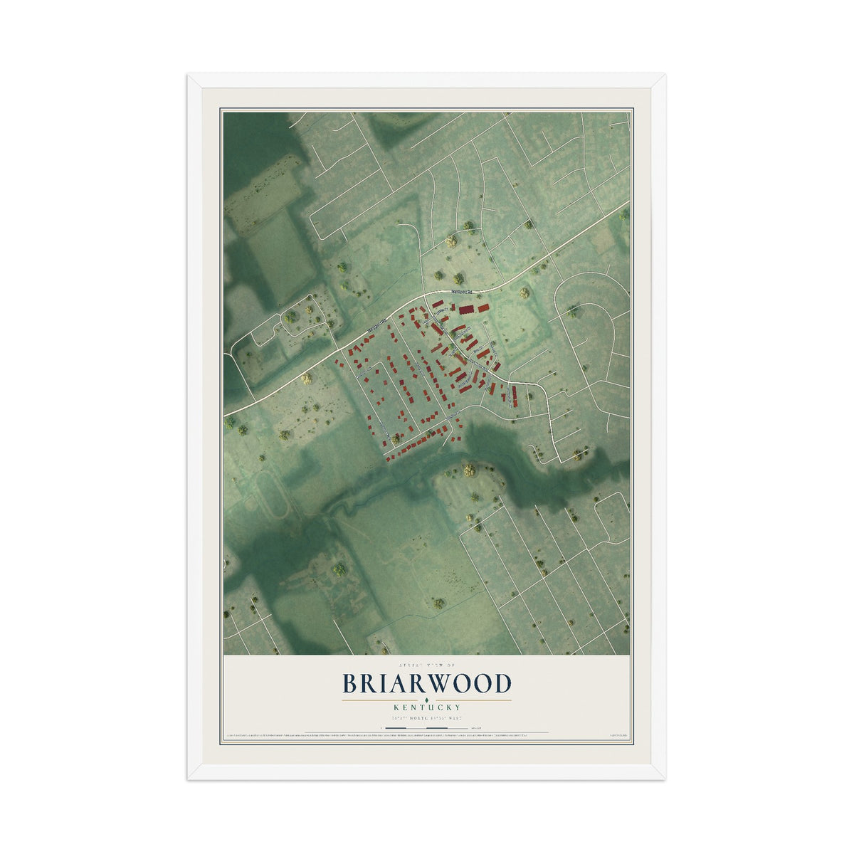 Map of Briarwood, Kentucky, 12 x 18 inch print in a white wood frame