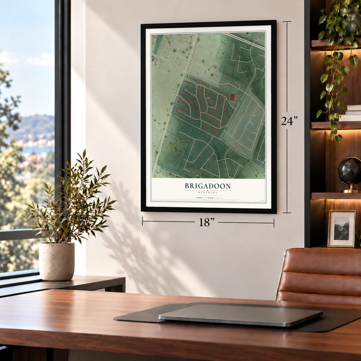 Brigadoon, Kentucky map, 18 x 24 inch print in a black frame in a home office