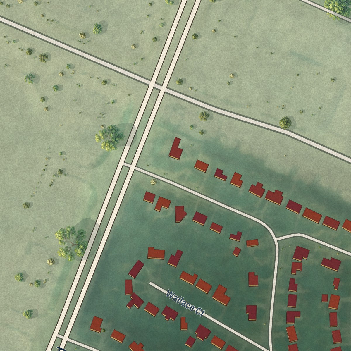 Close-up of the map of Brigadoon, Kentucky print showing street and building detail