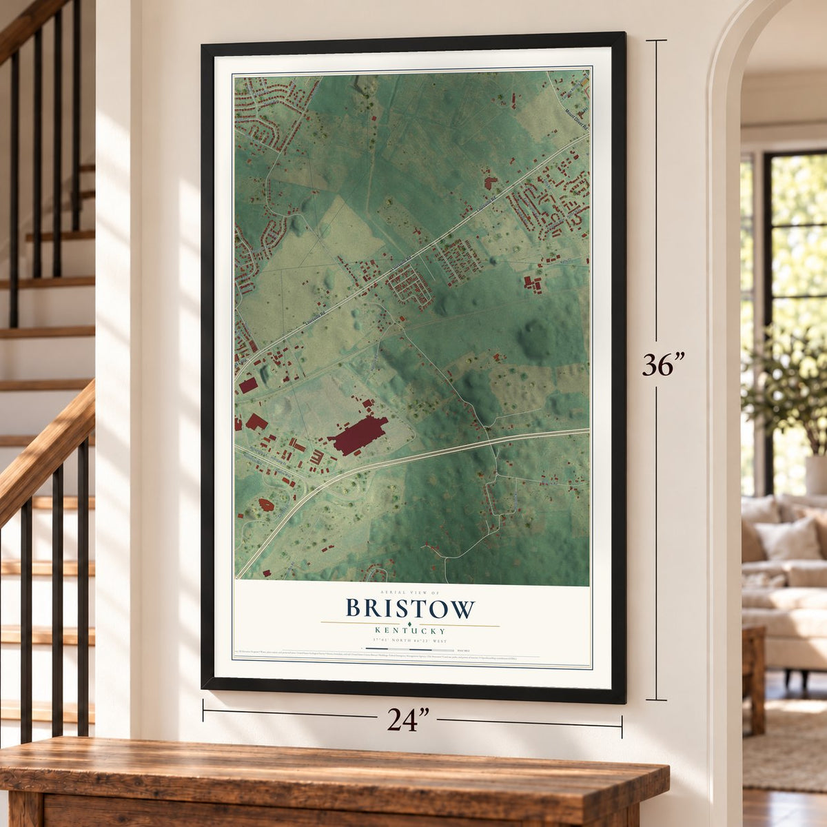 Bristow, Kentucky map, 24 x 36 inch print in a black frame by a staircase