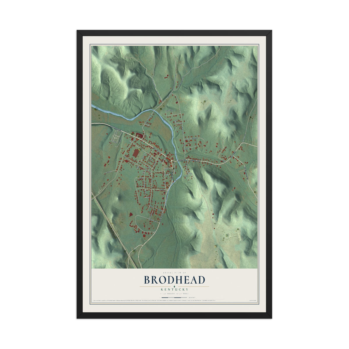 Map of Brodhead, Kentucky, 12 x 18 inch print in a black wood frame