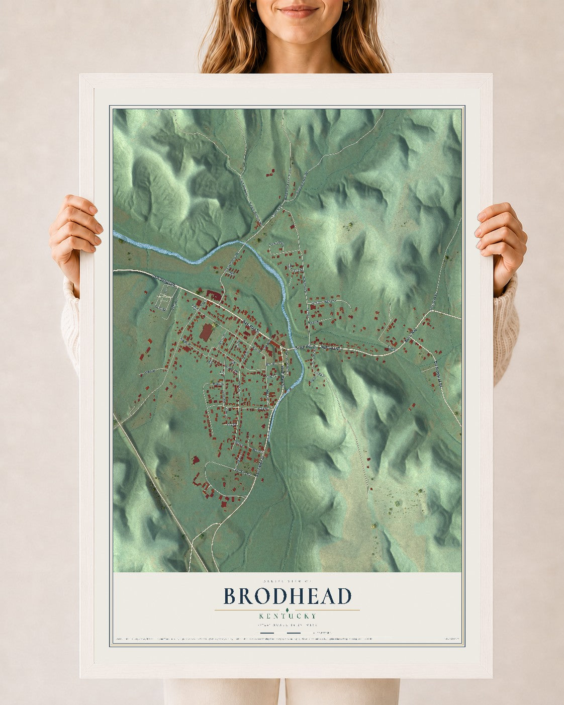 Map of Brodhead, Kentucky, 24 x 36 inch print in a white wood frame