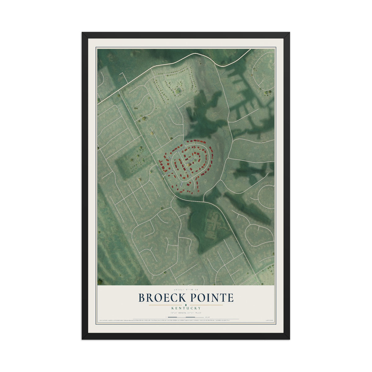 Map of Broeck Pointe, Kentucky, 12 x 18 inch print in a black wood frame