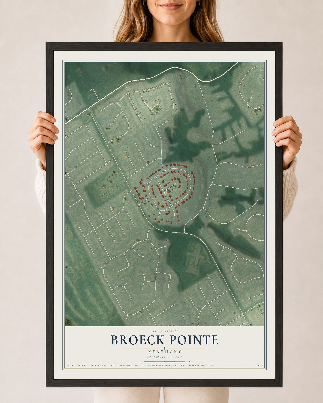 Map of Broeck Pointe, Kentucky, 24 x 36 inch print in a black wood frame